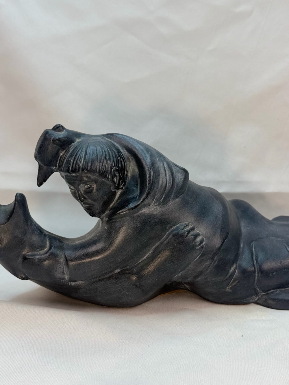 Vintage Canadian Ceramic Faux Soapstone Inuit-Style Hunter & Seal Figurine
